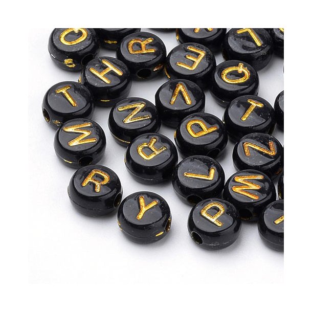 Acrylic beads, black coins with golden letters, 7x4mm, 30pcs.