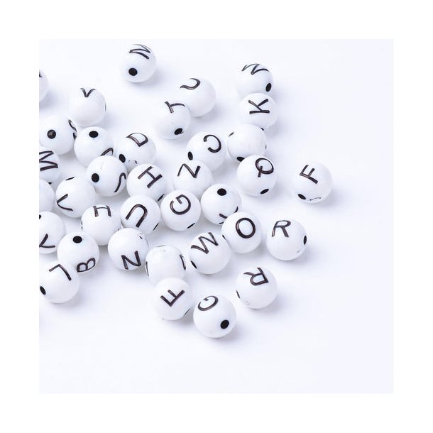 Acrylic beads, round, white with black letters, 7mm, 20pcs.