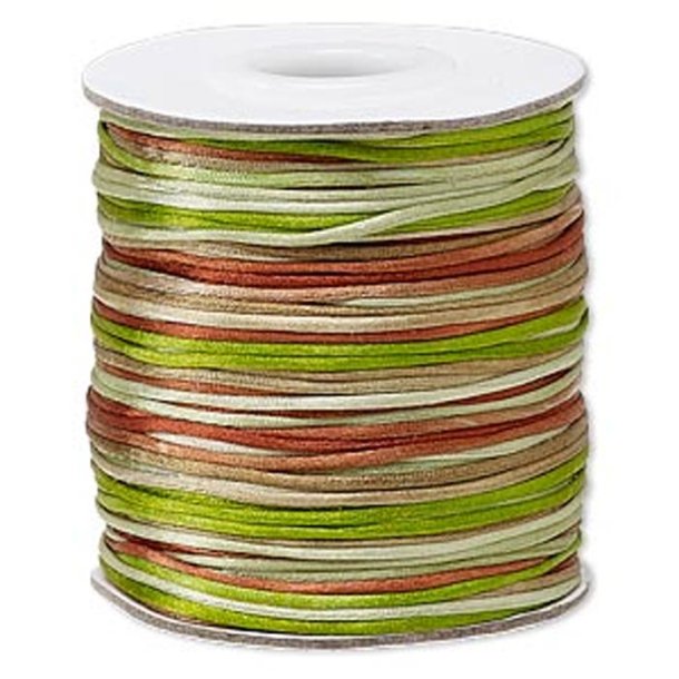 Satin cord, complete reel, round, multi color, brown-green, thickness ca. 1mm, 60m