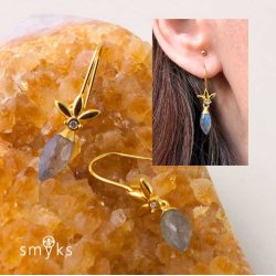 Pendant, drop with loop, grey labradorite, gold-plated silver, 14x6 mm, 1 pc