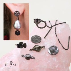 Zwischenst&uuml;ck mit Kristall und zwei &Ouml;sen, schwarzes Silber, 9x4x3mm, 1 Stk.