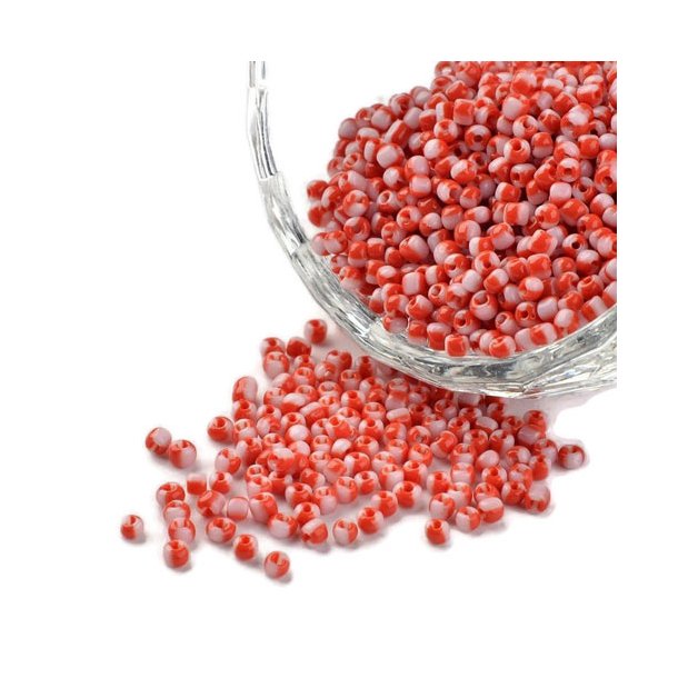 Striped glass seed bead, #12, white/red, 2 mm, ca. 700 pcs.