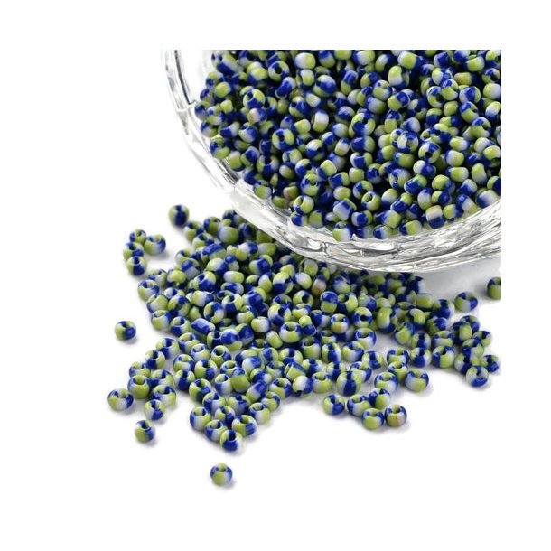 Striped glass seed bead, #12, white/blue/green, 2 mm, ca. 700 pcs.