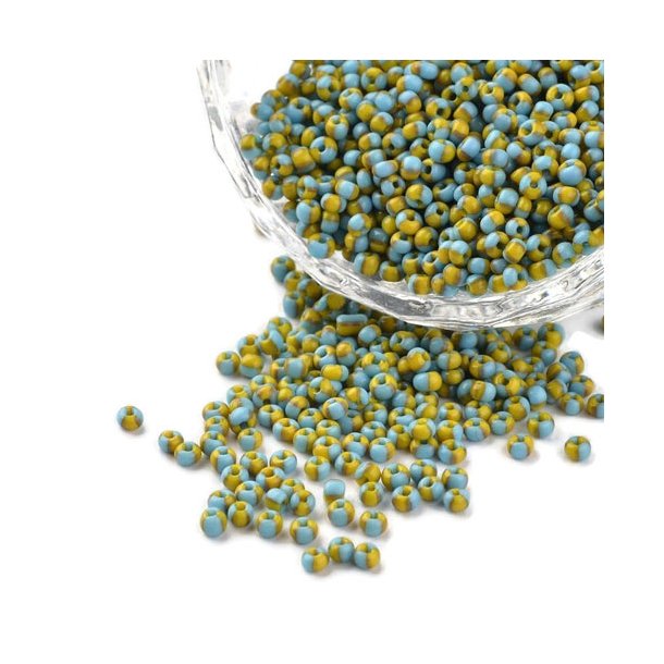 Striped glass seed bead, #12, curry yellow/blue, 2 mm, ca. 700 pcs.