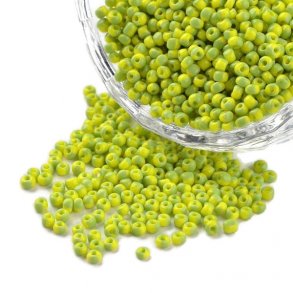 Striped glass seed bead, #12, green/yellow, 2mm, ca. 750 pcs.
