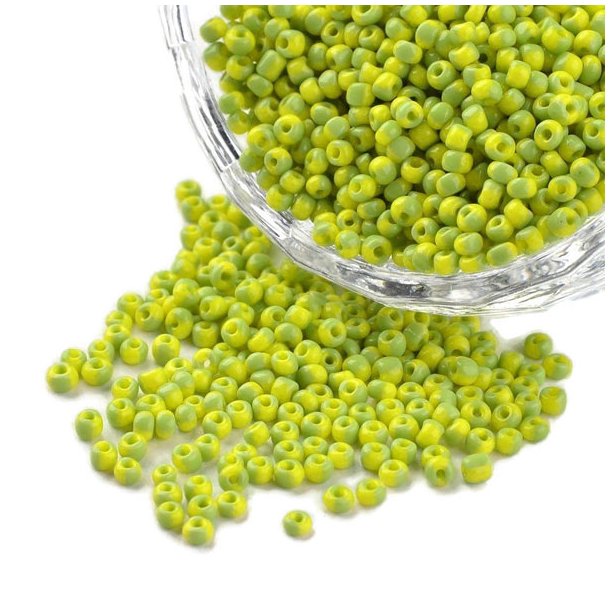 Striped glass seed bead, #12, green/yellow, 2mm, ca. 750 pcs.