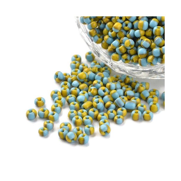 Striped glass seed bead, #8, blue/curry, 3 mm, ca. 750 pcs.