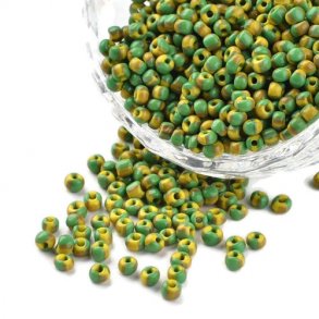 Striped glass seed bead, #8, green/curry/yellow, 3 mm, ca. 750 pcs.
