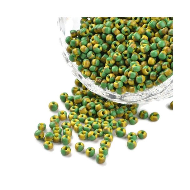 Striped glass seed bead, #8, green/curry/yellow, 3 mm, ca. 750 pcs.