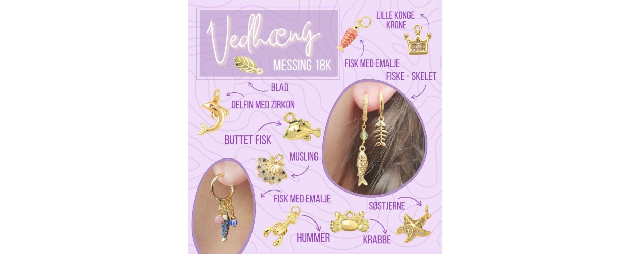 Smykkevedh�ng og charms i forgyldt messing