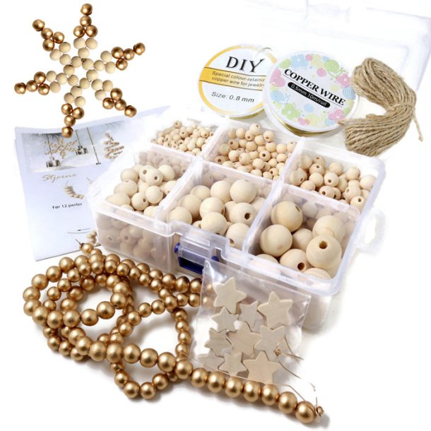 DIY Christmas decoration with wooden beads, golden, with wire and instructions, 1 set