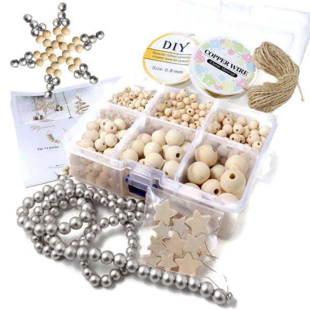 DIY Christmas decoration with wooden beads, silvery, with wire and instructions, 1 set