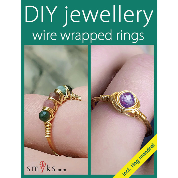 Schmuck Set, Materialien und Ringstok für gewickelte Ringe mit draht und Perlen.