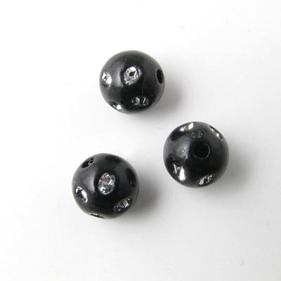 Acryl, runde Perlen, schwarz, mit Kristall, 8 mm, 10 Stk.