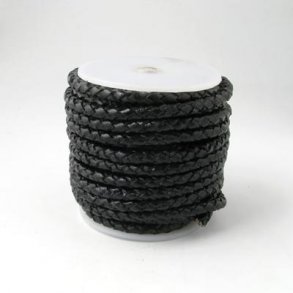 Leather cord, braided, black, 6mm, 10m (complete reel)