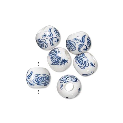 Porcelain perle, blå-hvid med lotus, 10 mm, 2 stk