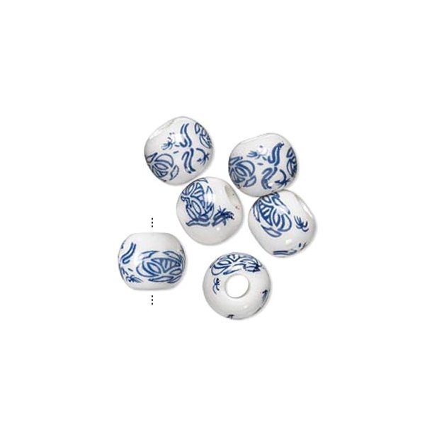 Porcelain perle, blå-hvid med lotus, 10 mm, 2 stk