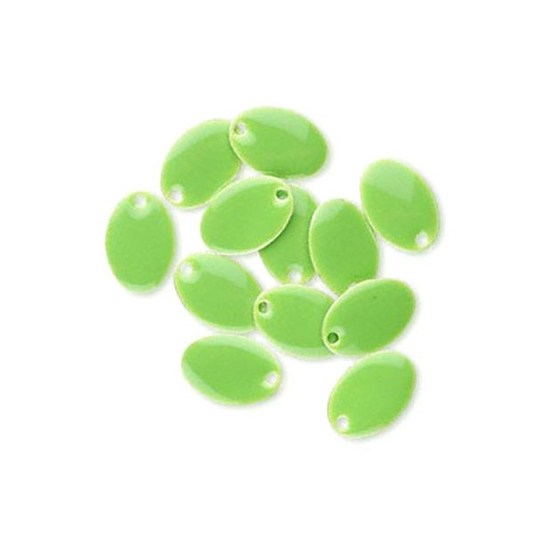 Enamel charm, lime green, oval-shaped, 14x9mm, 4pcs.