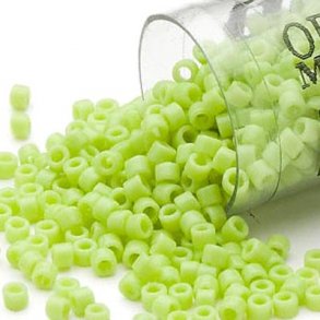 Delica, size #11, lime-coloured glass bead, opaque, 1.1x1.7mm.