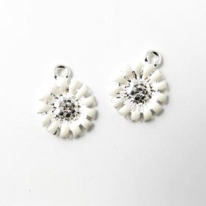 Emaillierte Margeriten, mit Kristall, silber/weiß, 10,5 mm, 2 Stk.