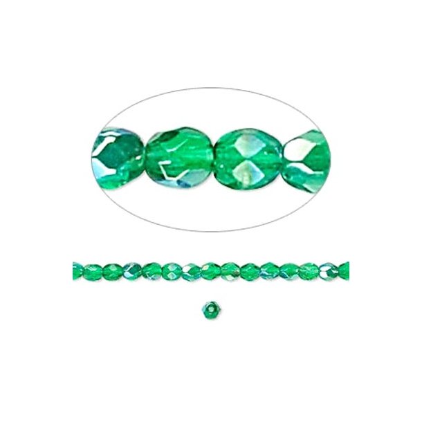 Glas, klar smaragd grøn, rund facet, 3 mm, ca. 133 stk