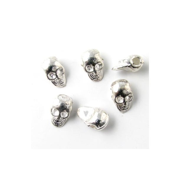 14 stk, sølvfarvet perle, dødningehoved, 7x11 mm,