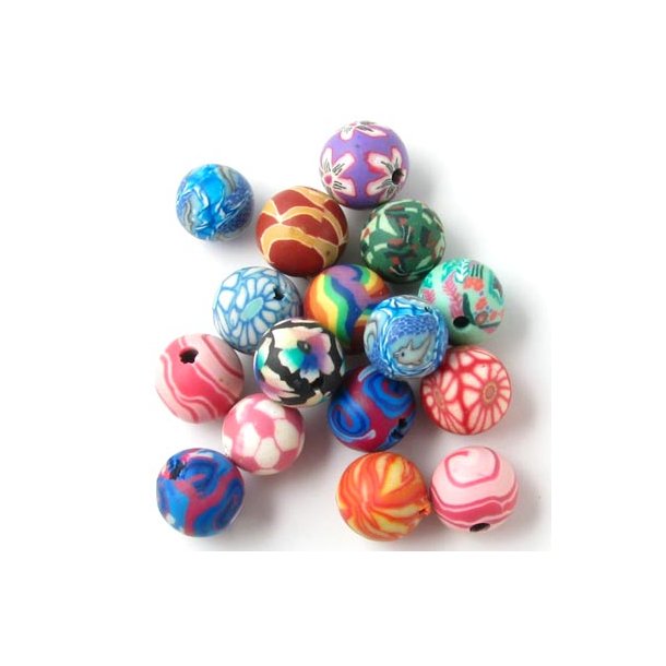 Fimo perler, rund, diameter 12 mm, blandede farver, 10 stk.