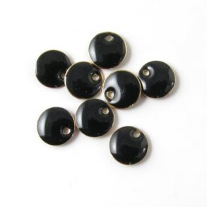 Emalje, sort m. hul i kant, forgyldt kant, rund, 6 mm, 6 stk