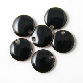 Emaille, schwarz, rund, mit Loch an der Kante, vergoldet, 12 mm, 4 Stk.