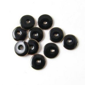 Emalje, sort rund m. hul i midt, fg., 8 mm, 6stk