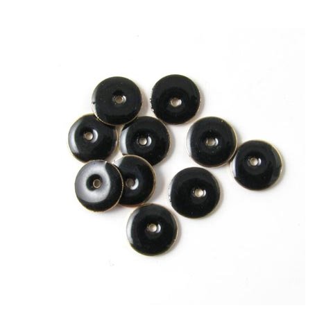 Enamel, black coin, w. hole in the middle,, gilded, 8mm, 6pcs.