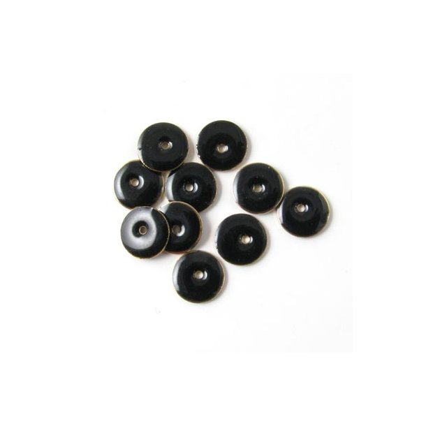 Emalje, sort rund m. hul i midt, fg., 8 mm, 6stk