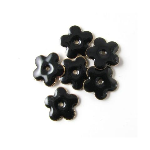 Enamel, black flower, hole in the middle, gilded, 12mm, 4pcs.