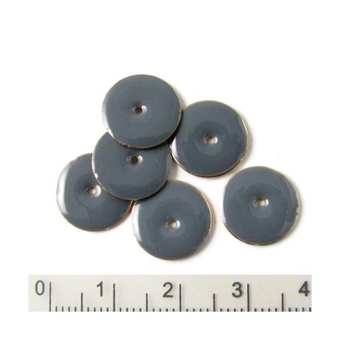 Enamel, dark grey, gilded coin,, w. hole in the middle, 12mm, 4pcs.