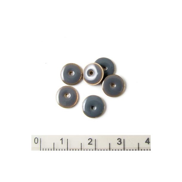 Enamel, dark grey, gilded coin,, w. hole in the middle, 8mm, 6pcs.
