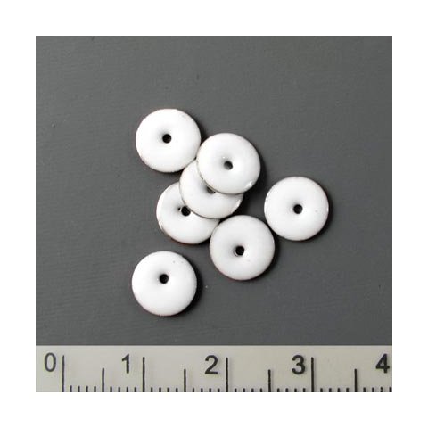 Enamel charm, white/silver coin w. hole in the middle, 8mm, 6pcs.