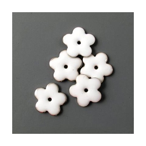 Enamel, white flower, hole in the middle, silvered, 12mm, 4pcs.