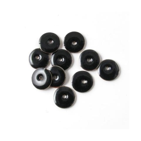 Enamel charm, black/silver coin w. hole in the middle, 8mm, 6pcs.