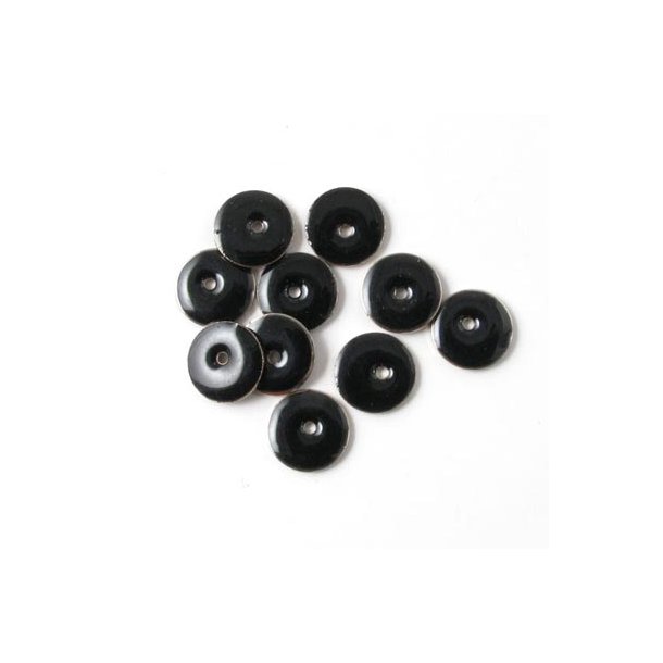 Emaille-Anh&auml;nger, schwarz/silber, rund, mit Loch in der Mitte, 8 mm, 6 Stk.