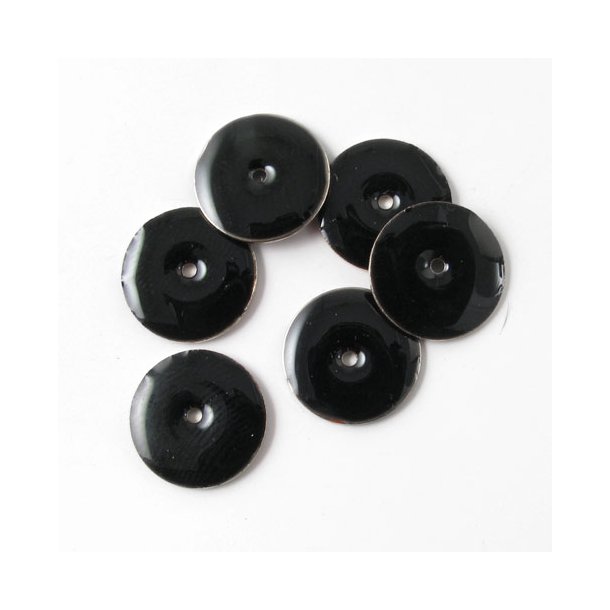 Enamel charm, black/silver coin w. hole in the middle, 12mm, 4pcs.