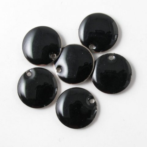 Emaille-Anh&auml;nger, schwarz/silber, rund, mit Loch an der Kante, 12mm, 4 Stk.