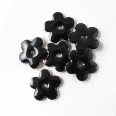 Enamel, black flower, hole in the middle, silvered, 12mm, 4pcs.
