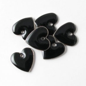 Emalje, sort/slv hjerte, 12 mm, 4 stk
