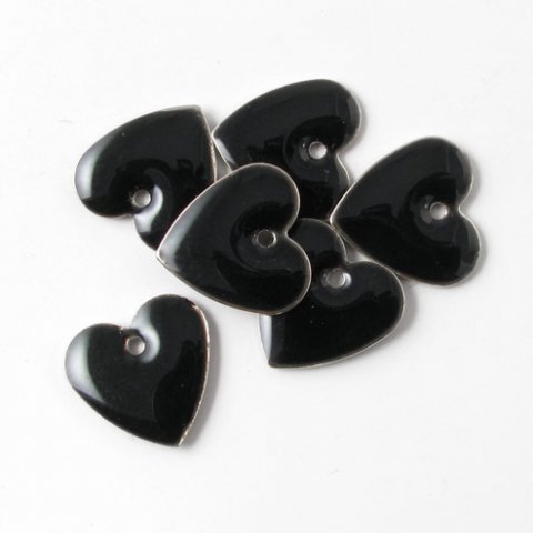 Emalje, sort/s&oslash;lv hjerte, 12 mm, 4 stk