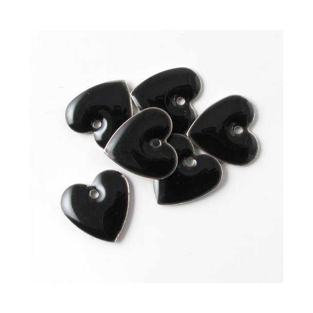 Emaille, schwarz/silbernes Herz, 12 mm, 4 Stk.