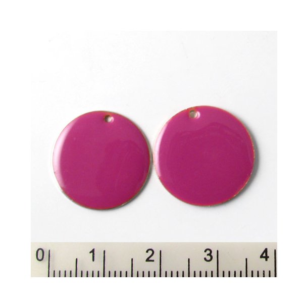 Enamel charm, red-violet coin w. hole at the edge, 18mm, 2pcs.
