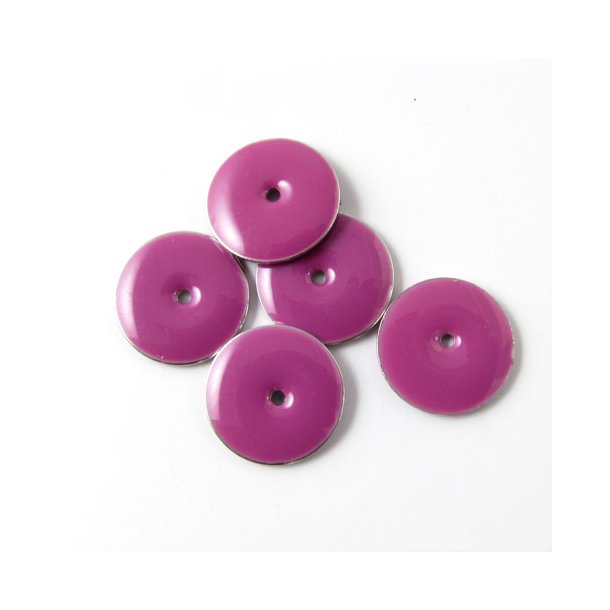 Enamel charm, red-violet/silver coin hole size i midt 12mm, 4pcs.