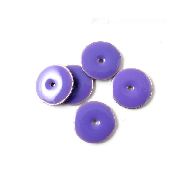 Enamel charm, purple/silver coin w. hole in the middle, 12mm, 4pcs.