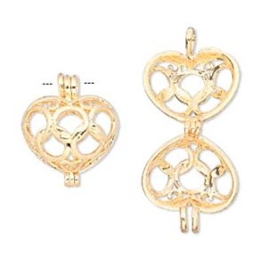 Gilded heart pendant, pearl cage, 16x13mm, 1pc.