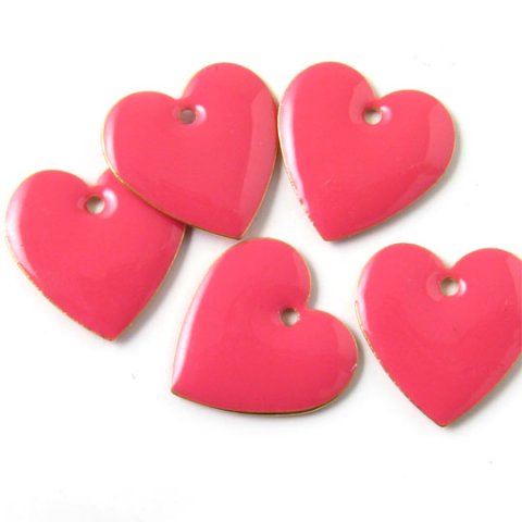 Enamel, pink heart, gilded, 16mm, 2pcs.